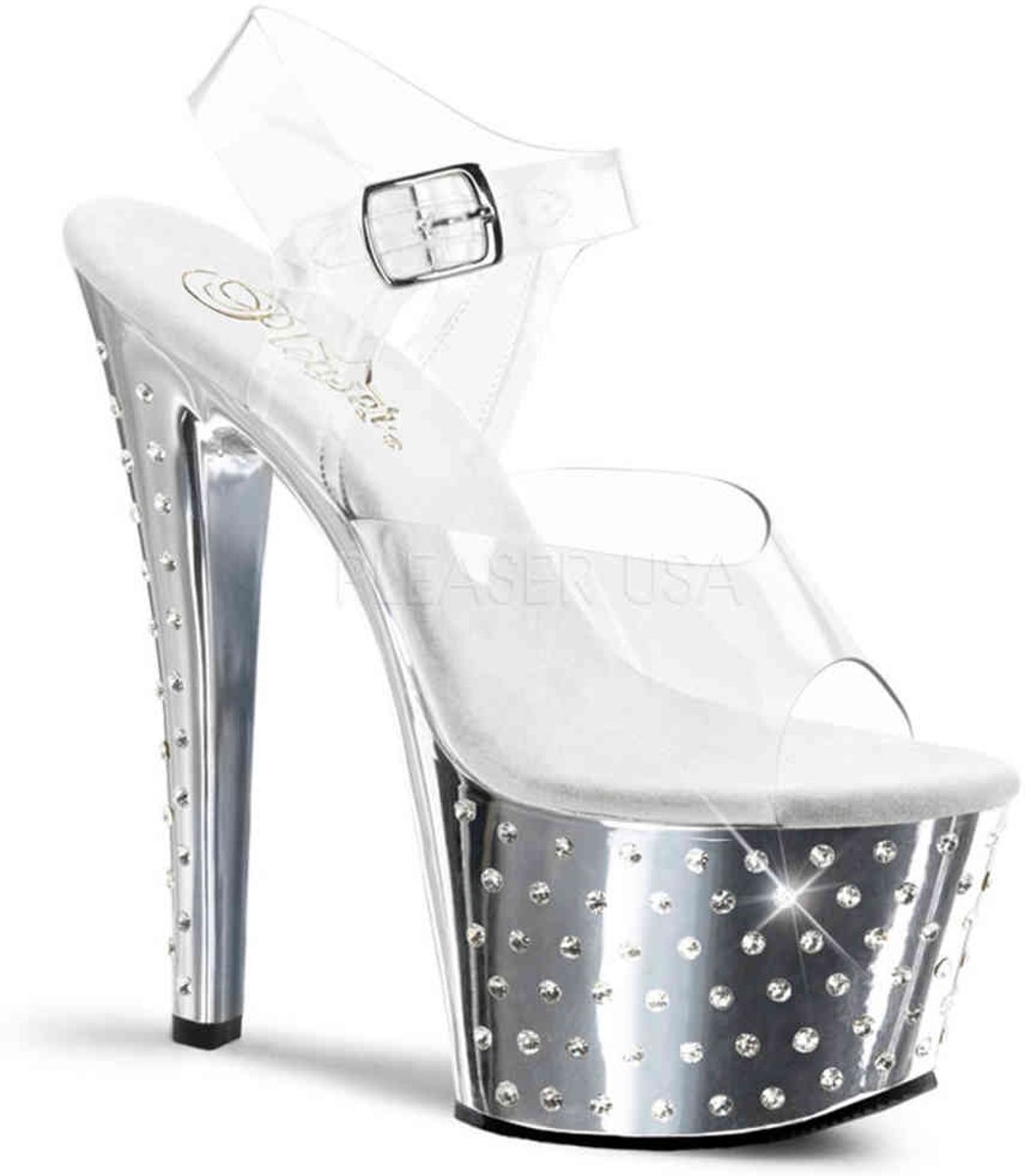 EU 35 = US 5 | STARDUST-708 | 7 Heel, 2 3/4 R/S Studded Slv Chrome PF Ankle Strap Sandal